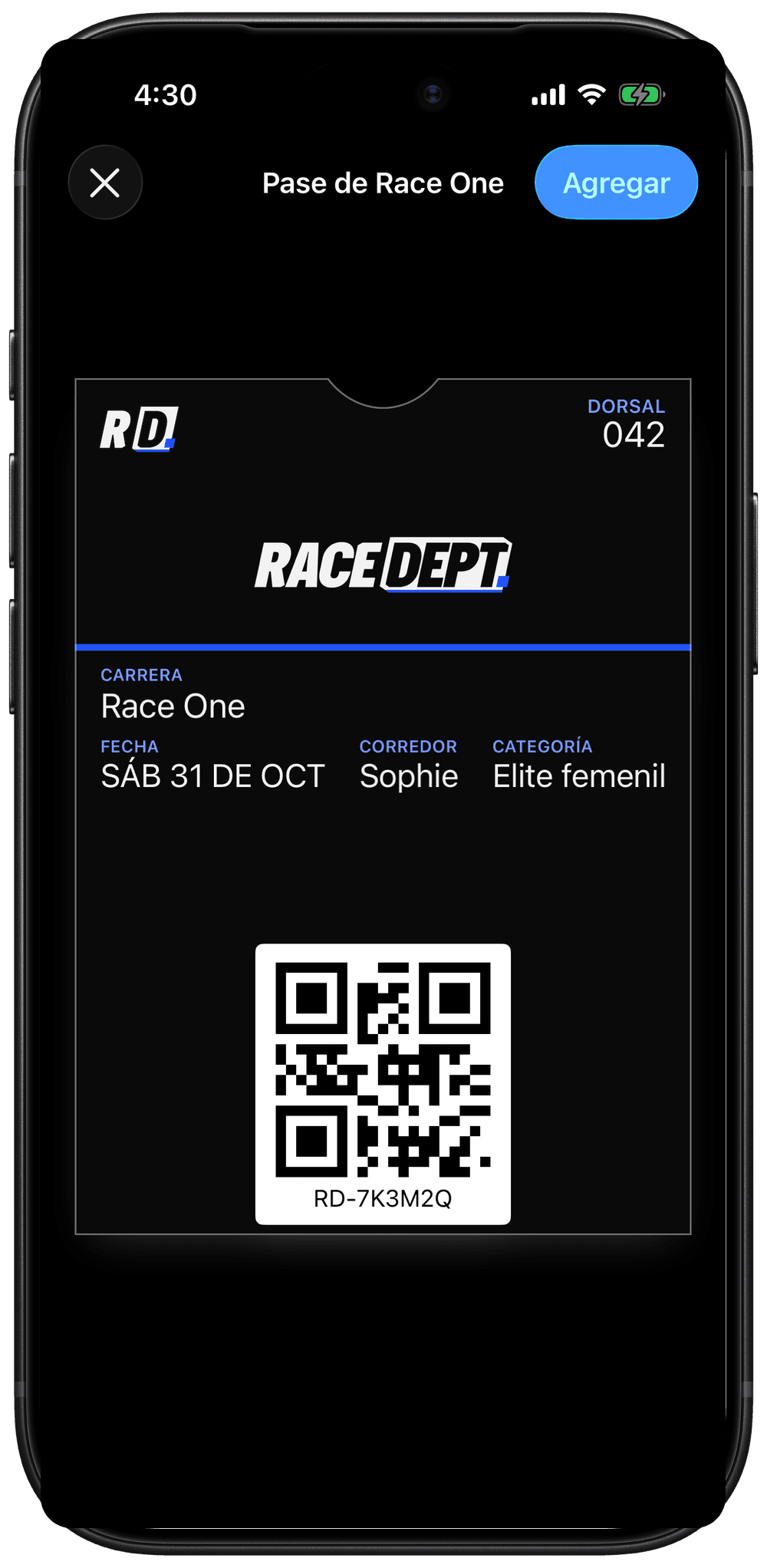 El pase de Race One en Apple Wallet: dorsal, categoría y QR para el check-in