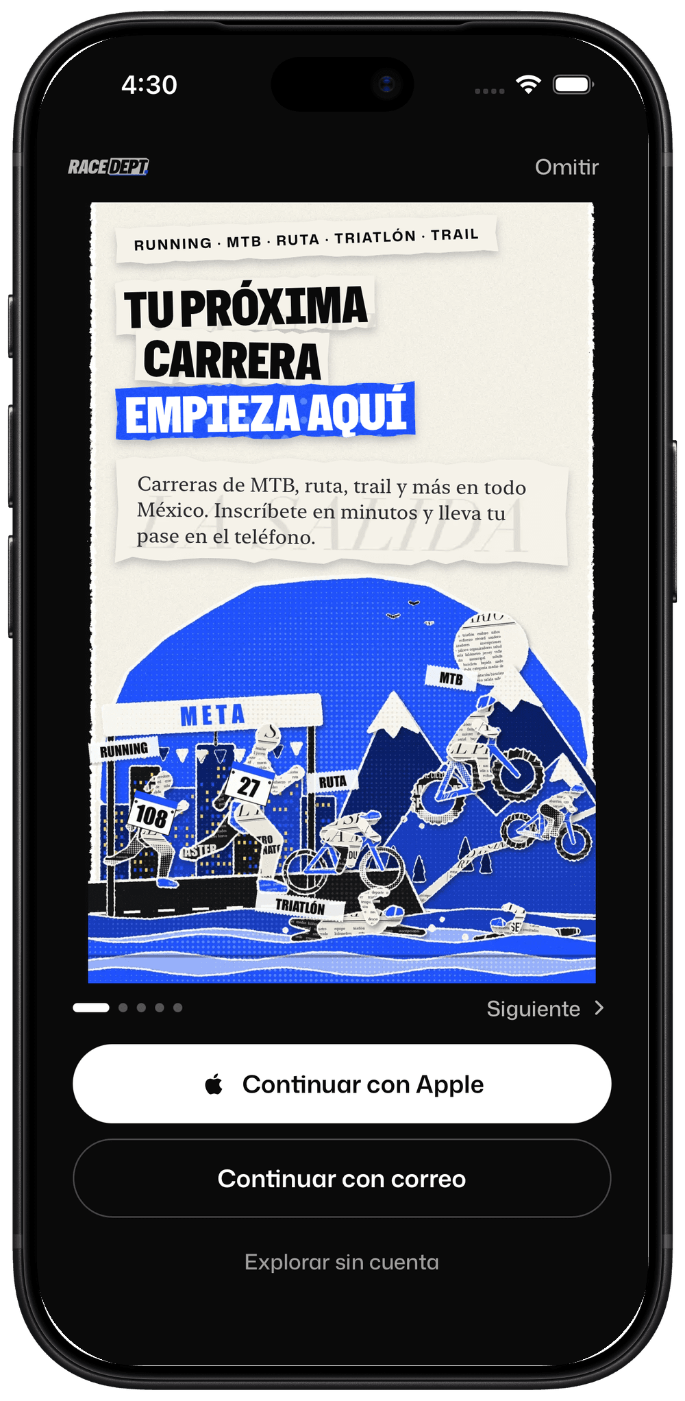 Race Dept. en un iPhone: pantalla de bienvenida de la app